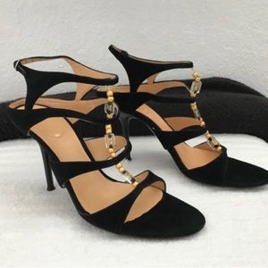 Sergio Rossi Black Strappy Heels with Gold Accents